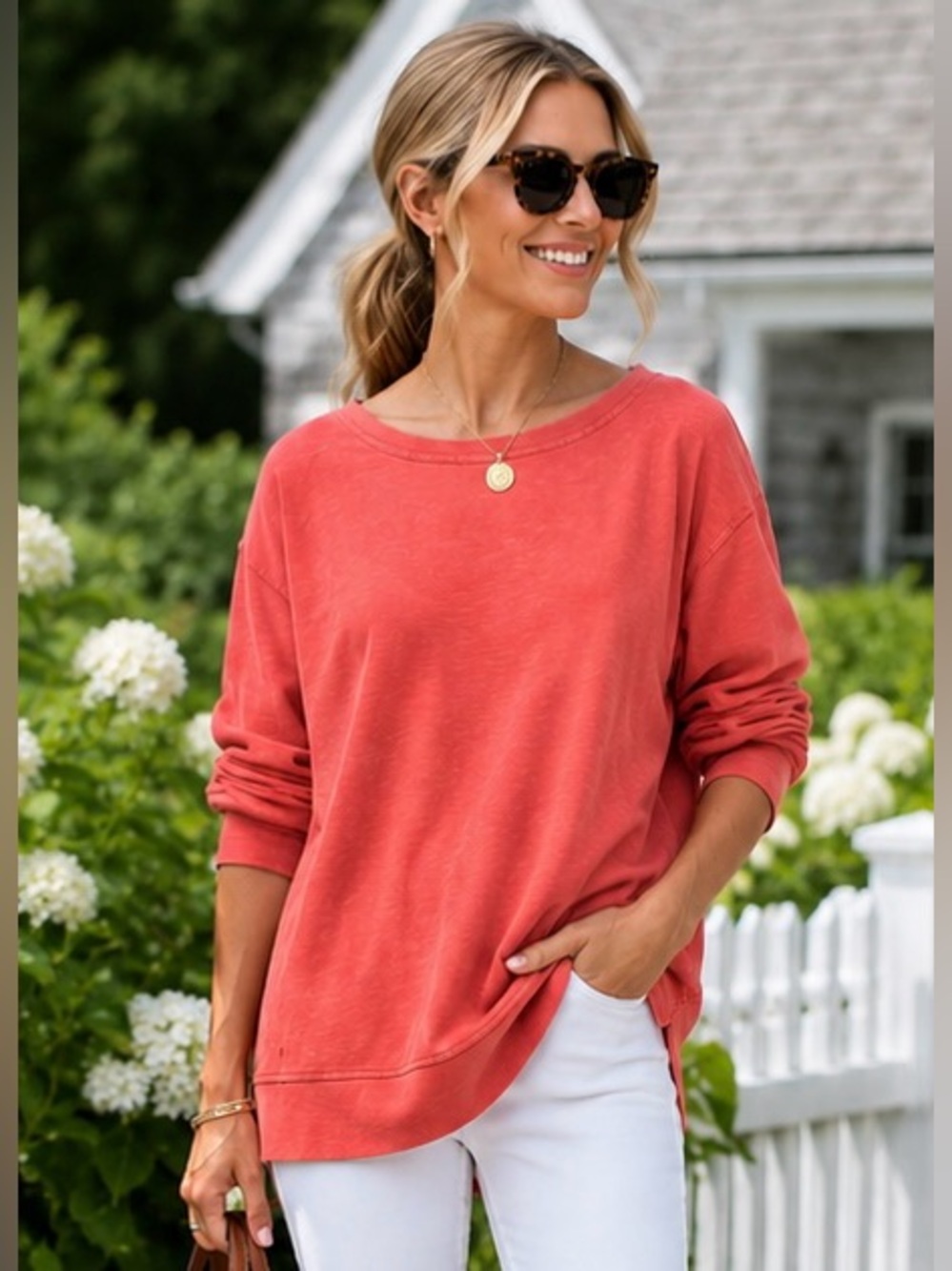 Coral French Terry Pullover Sweatshirt Coastal Hamptons Chic Top